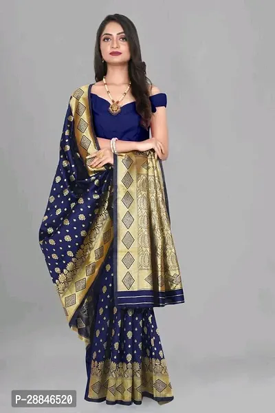 Stylish Navy Blue Silk Blend Saree With Blouse Piece For Women-thumb3