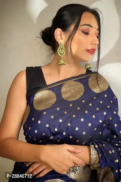 Stylish Navy Blue Silk Blend Saree With Blouse Piece For Women-thumb3