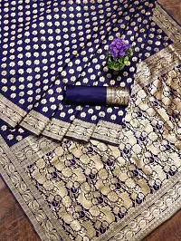 Stylish Navy Blue Silk Blend Saree With Blouse Piece For Women-thumb1