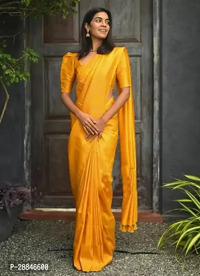 Stylish Yellow Silk Blend Saree With Blouse Piece For Women-thumb0