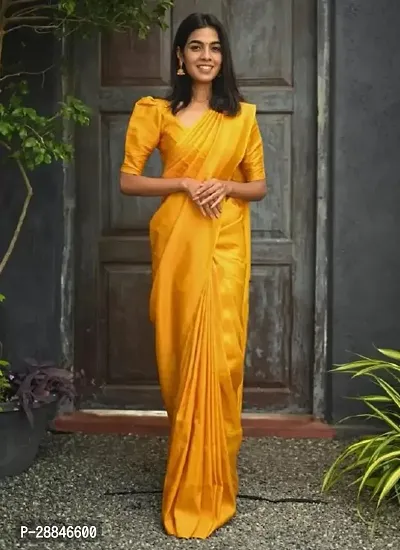 Stylish Yellow Silk Blend Saree With Blouse Piece For Women-thumb4