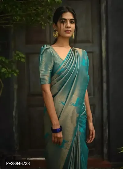 Stylish Teal Silk Blend Saree With Blouse Piece For Women-thumb2