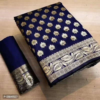 Stylish Navy Blue Silk Blend Saree With Blouse Piece For Women-thumb0