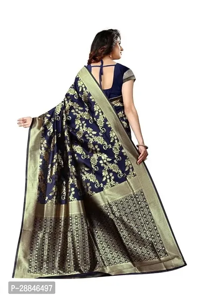 Stylish Navy Blue Silk Blend Saree With Blouse Piece For Women-thumb4