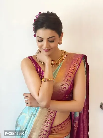 Stylish Turquoise Silk Blend Saree With Blouse Piece For Women-thumb4