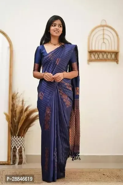 Stylish Navy Blue Silk Blend Saree With Blouse Piece For Women-thumb4