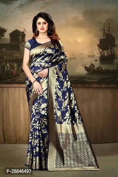 Stylish Navy Blue Silk Blend Saree With Blouse Piece For Women