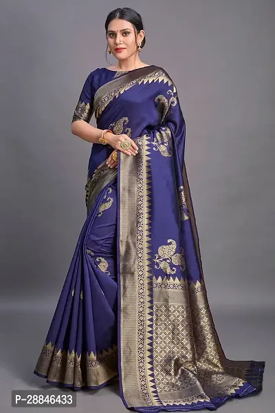 Stylish Blue Silk Blend Saree With Blouse Piece For Women-thumb0