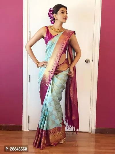 Stylish Turquoise Silk Blend Saree With Blouse Piece For Women-thumb2