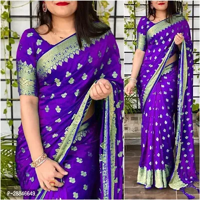 Stylish Blue Silk Blend Saree With Blouse Piece For Women-thumb0