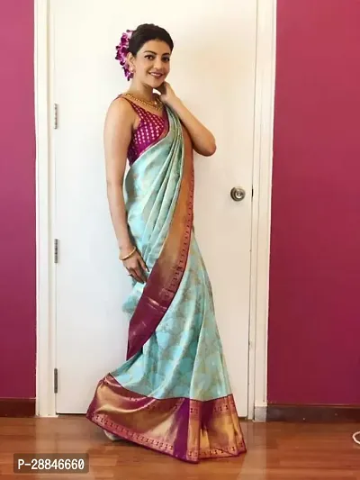 Stylish Turquoise Silk Blend Saree With Blouse Piece For Women-thumb3