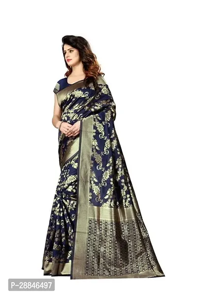 Stylish Navy Blue Silk Blend Saree With Blouse Piece For Women-thumb3