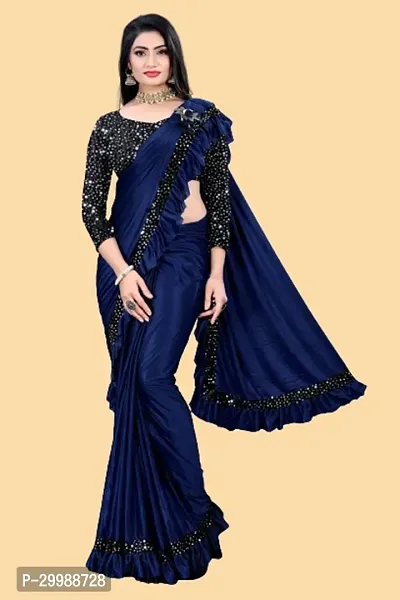 Stylish Navy Blue Cotton Silk Embellished Saree with Blouse piece For Women-thumb0