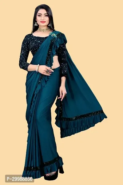 Stylish Blue Lycra Embellished Saree with Blouse piece For Women-thumb0