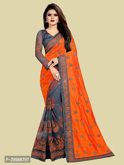 Stylish Orange Litchi Silk Embroidered Saree with Blouse piece For Women-thumb0