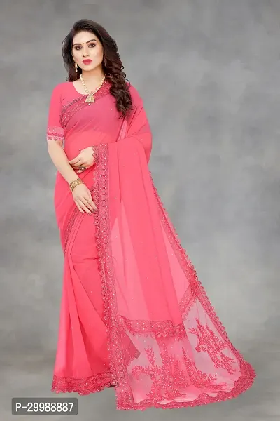 Stylish Pink Georgette Embroidered Saree with Blouse piece For Women-thumb0