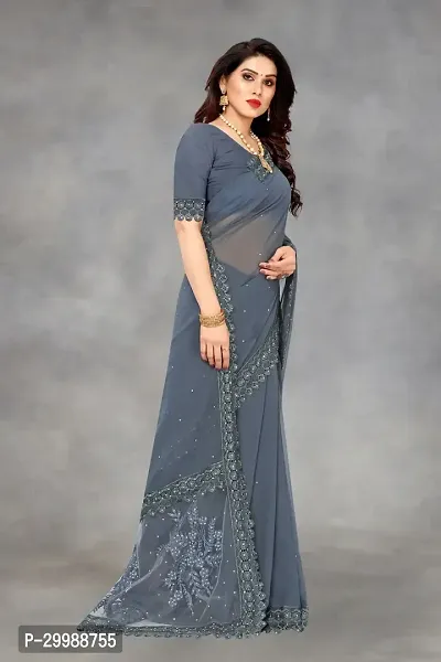 Stylish Grey Banarasi Silk Embroidered Saree with Blouse piece For Women-thumb2