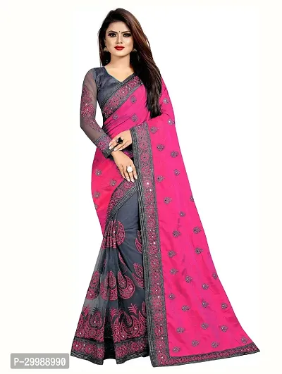 Stylish Pink Vichitra Silk Embroidered Saree with Blouse piece For Women-thumb3