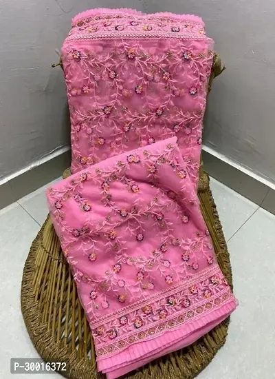 Elegant Pink Net Saree with Blouse piece For Women-thumb0