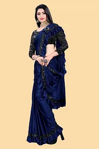 Stylish Navy Blue Cotton Silk Embellished Saree with Blouse piece For Women-thumb1