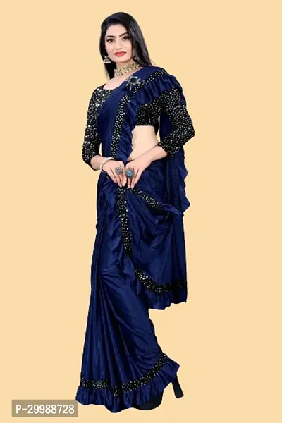 Stylish Navy Blue Cotton Silk Embellished Saree with Blouse piece For Women-thumb2