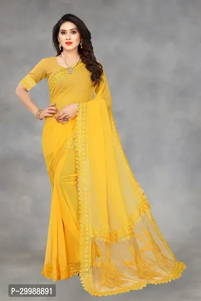 Stylish Yellow Georgette Solid Saree with Blouse piece For Women