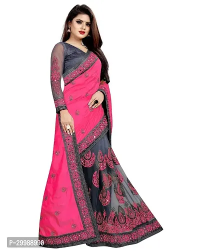 Stylish Pink Vichitra Silk Embroidered Saree with Blouse piece For Women-thumb0