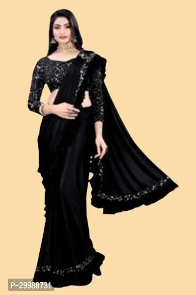 Stylish Black Litchi Silk Embellished Saree with Blouse piece For Women-thumb0