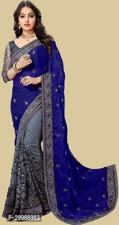 Stylish Blue Vichitra Silk Embroidered Saree with Blouse piece For Women-thumb0