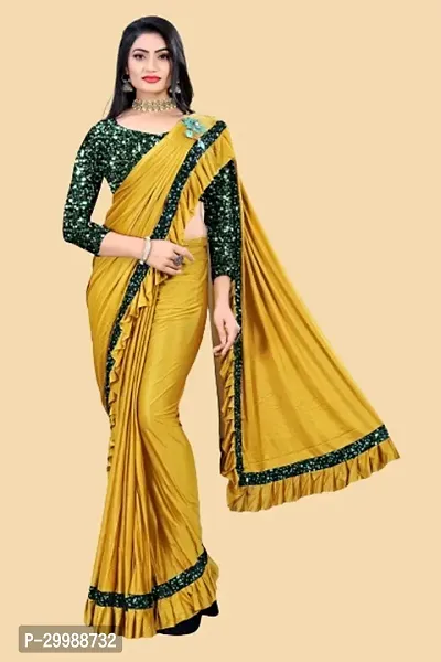 Stylish Yellow Litchi Silk Solid Saree with Blouse piece For Women-thumb0