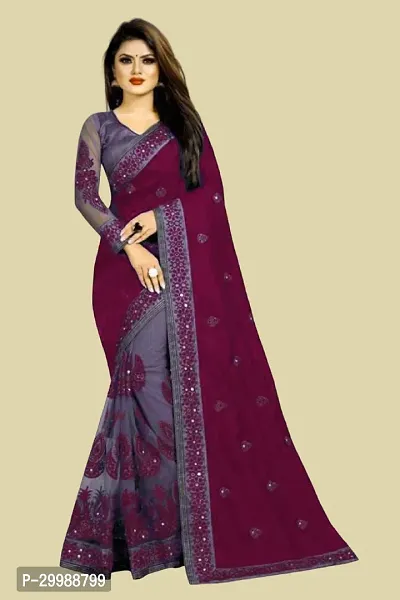 Stylish Purple Litchi Silk Embroidered Saree with Blouse piece For Women-thumb0