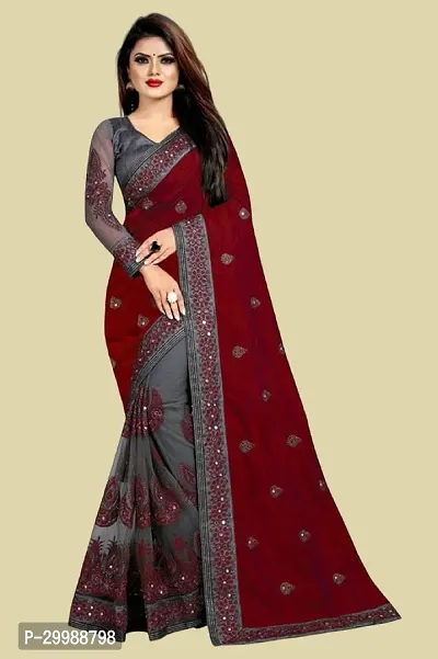 Stylish Grey Litchi Silk Embroidered Saree with Blouse piece For Women-thumb0