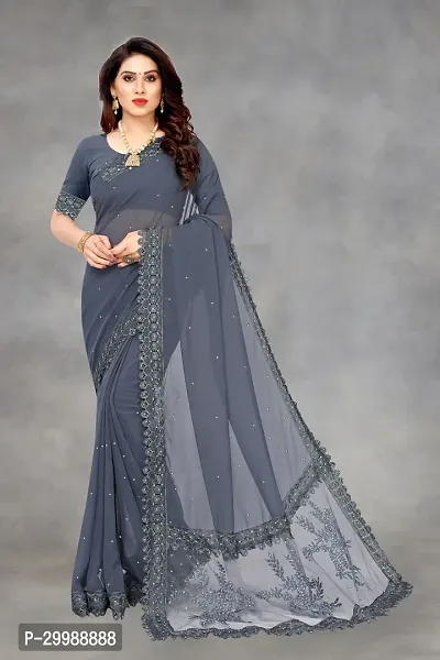Stylish Grey Georgette Woven Design Saree with Blouse piece For Women-thumb0