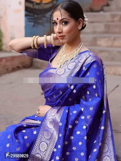 Stylish Blue Banarasi Silk Woven Design Saree with Blouse piece For Women-thumb0