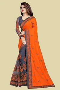 Stylish Orange Litchi Silk Embroidered Saree with Blouse piece For Women-thumb2