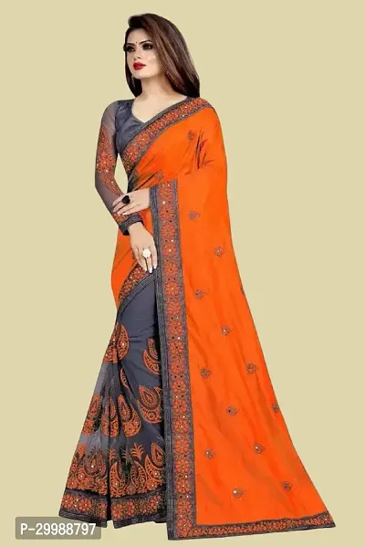 Stylish Orange Litchi Silk Embroidered Saree with Blouse piece For Women-thumb3
