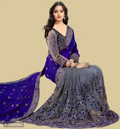 Stylish Blue Vichitra Silk Embroidered Saree with Blouse piece For Women-thumb3