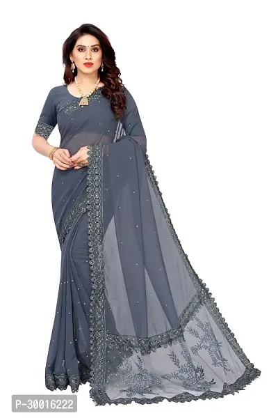 Elegant Grey Georgette Saree with Blouse piece For Women-thumb0