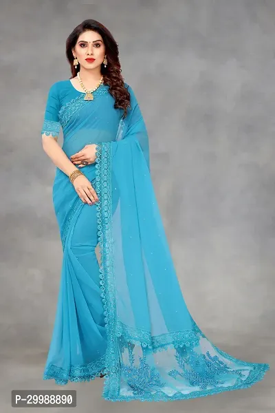 Stylish Blue Georgette Embellished Saree with Blouse piece For Women