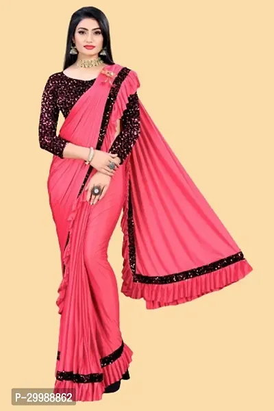 Stylish Pink Lycra Embellished Saree with Blouse piece For Women-thumb0