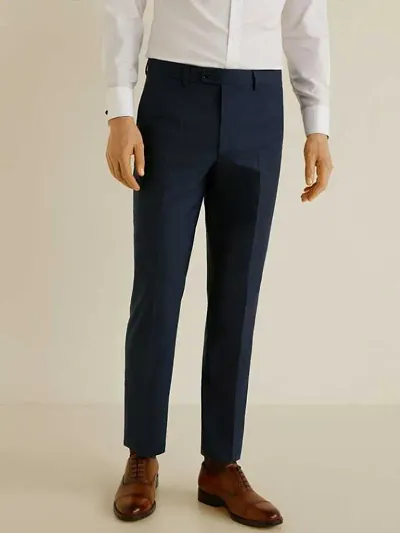 Men's Blue Cotton Blend Solid Trousers