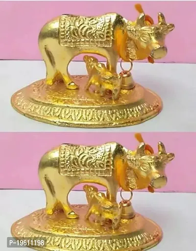 Kamdhenu Cow And Calf In Golden Metal Oxidized Showpiece (Pack Of 2)