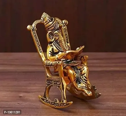 Metal Golden Lord Ganesha Statue Sitting On A Chair And Reading Ramayan-thumb0