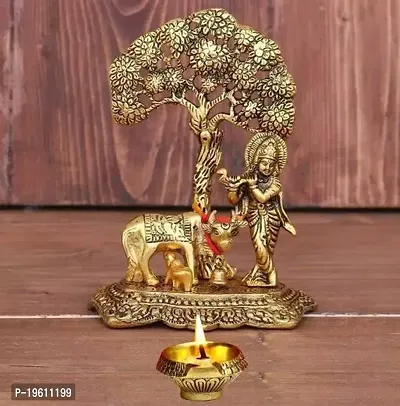 Metal Krishna With Cow Standing Under Tree Plying Flute With Kuber Diya Decorative Showpiece