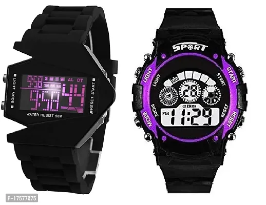 SS Traders Digital Multicolored Dial, Black Colored Strap Unisex Child Kids Watch for Boys  Girls (Pack of 2) (Purple)-thumb0