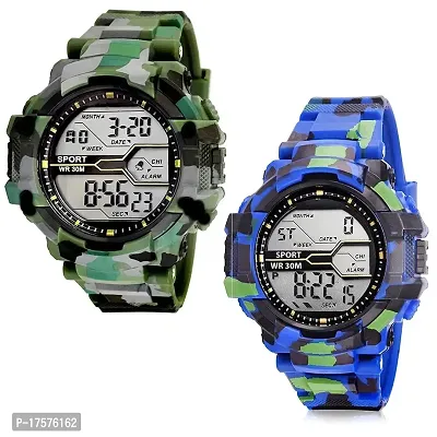 SS Traders Digital Army Sports Shockproof Digital Sports Watch Waterproof Soldier Combo Watch for Mens and Boys (Multi Color Dial Green and Blue Colored Strap) (Pack of 2)