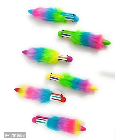LITTLEMORE -6-in-1 Retractable Roller Ball Multicolor Feather Fur Ballpoint Pen for Kids -6 Pieces (Multicolour) for Girls Birthday return Gifts