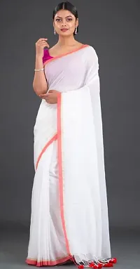 Stylish White Cotton Festivewear Saree with Blouse piece For Women-thumb1