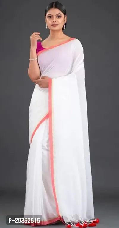 Stylish White Cotton Festivewear Saree with Blouse piece For Women-thumb2