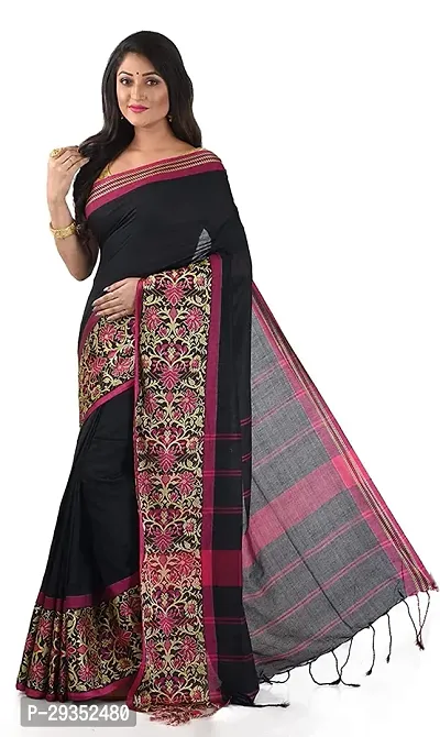 Stylish Black Cotton Festivewear Saree with Blouse piece For Women-thumb0